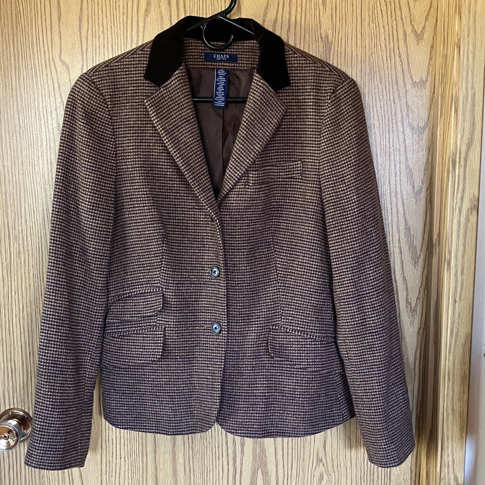 Chaps Brown Houndstooth Blazer with Dark Brown Corduroy Collar